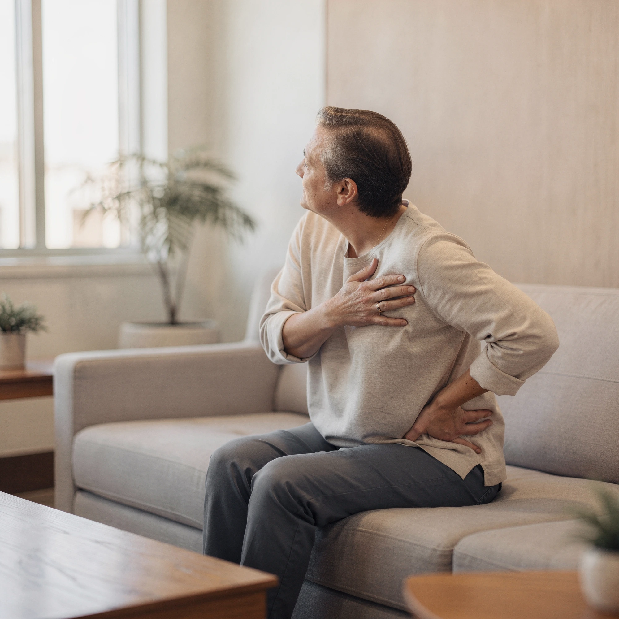Man sitting on couch holding his chest and lower back in pain